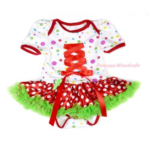 White Rainbow Dots Baby Bodysuit Jumpsuit Dark Green Minnie Dots Pettiskirt with Red Crisscross Ribbon Bow JS1848 